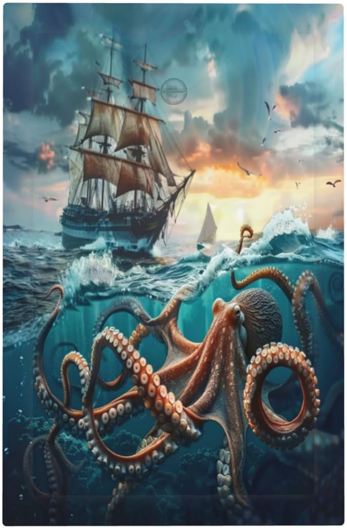 Light Switch Cover Sailboat Ship Octopus Ocean Sea Waves Decorative Switch Plates 1 Gang Blank No Device Outlet Covers Electrical Wall Plates for Bathroom Bedroom Decor