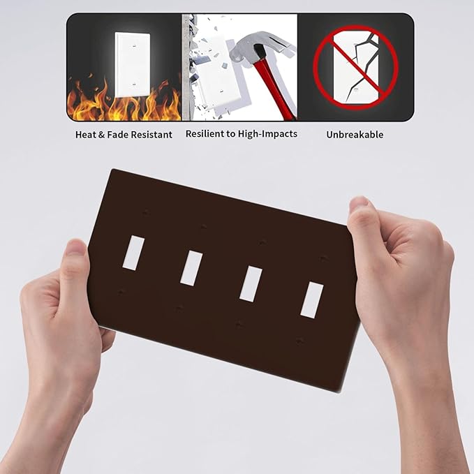 Coffee Brown 4 Gang Quad Toggle Light Switch Cover Decorative Electric Decorative Quadruple Device Switch Face Wall Plate Screwless