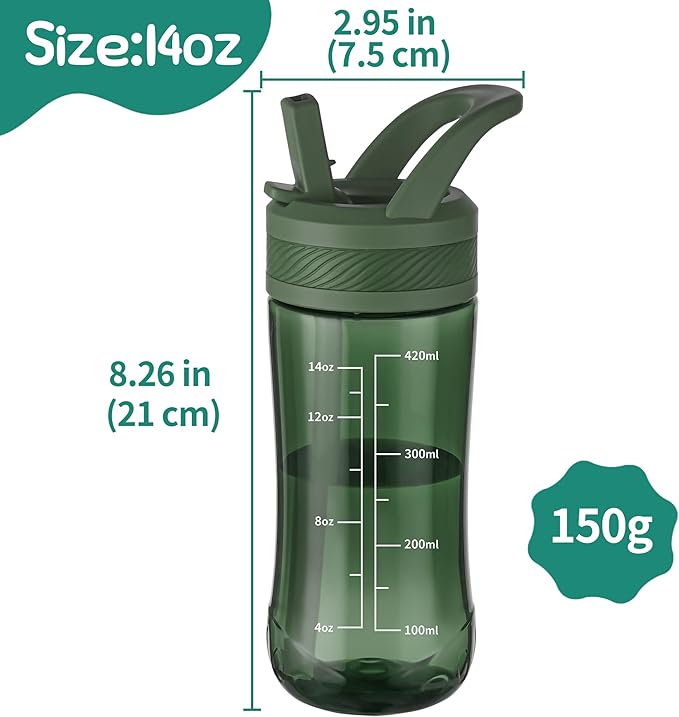 Kids Water Bottle, Dustproof Leakproof Cover, BPA Free Tritan Water Bottle Kids With Volume Markings Drinking 14oz Clear Water Bottle Unique Cat Paw Print Bottom Toddlers,School ,Outdoor（ Army Green）