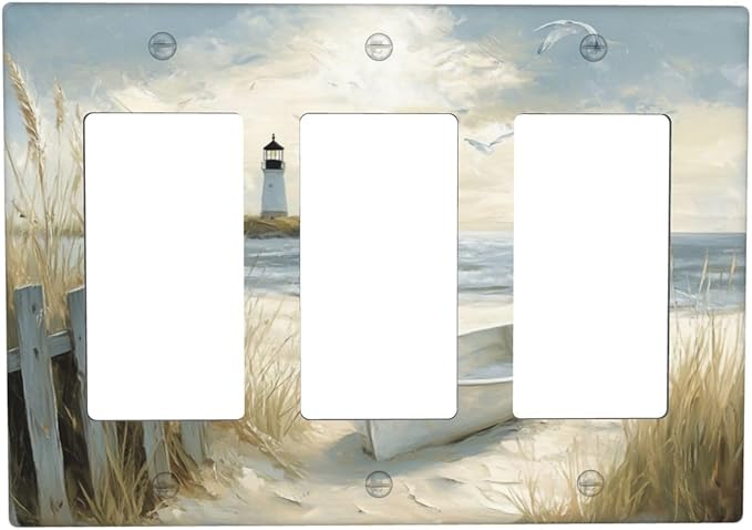 Sea Beach3 Gang Rocker Outlet Covers Triple Rocker Light Switch Cover Old Ship Reed Lighthouse Seascape Switchplates Wall Plate Decorative Faceplate for Bedroom Kitchen Home Decor