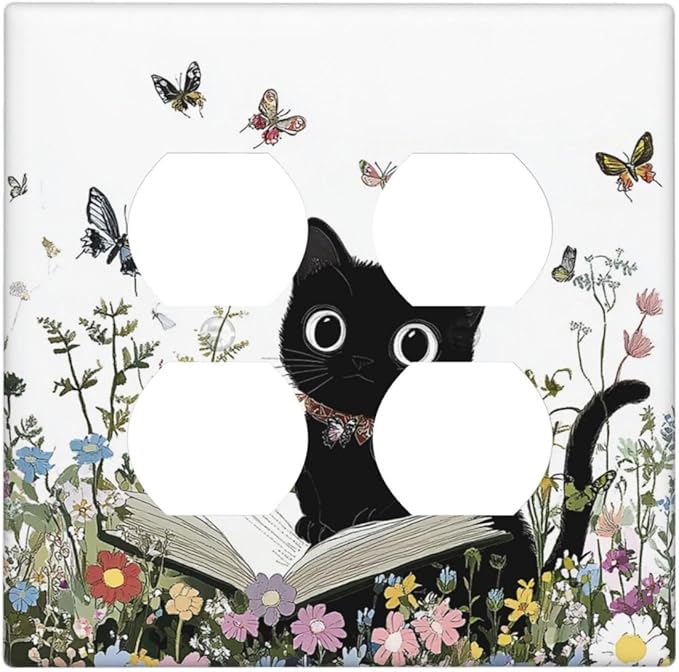Outlet Covers Cute Cat Wildflowers Boho Flowers Floral 2 Gang Double Duplex Decorative Light Switch Covers Electrical Wallplates Socket Faceplate For Nursery Kids Room Decor
