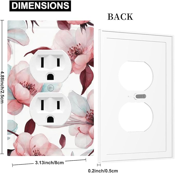 Watercolor Pink Cherry Blossom & Floral Burst Duplex Wall Plate - 1-Gang Standard US Size Romantic Floral Escape Outlet Covers for Bathroom Bedroom Vanity Decor