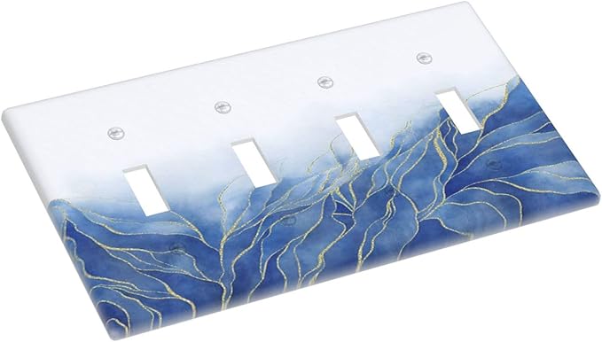 Light Switch Cover Plate Blue Gold Leaf Marble Modern Abstract 4 Gang Quad Toggle Decorative Switch Plates Wall Panels Electrical Wall Plates Faceplate for Kitchen Bathroom Decor
