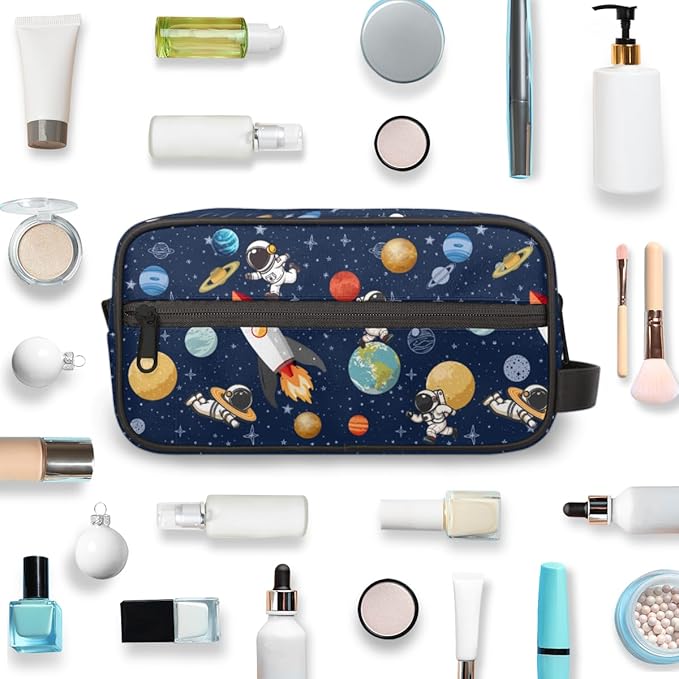 Kids Toiletry Bag for Boys Girls, Space Theme Travel Toiletry Bag Hanging Dopp Kit Cosmetic Bag Makeup Bag Shower Shaving Bag for Toiletries Accessories