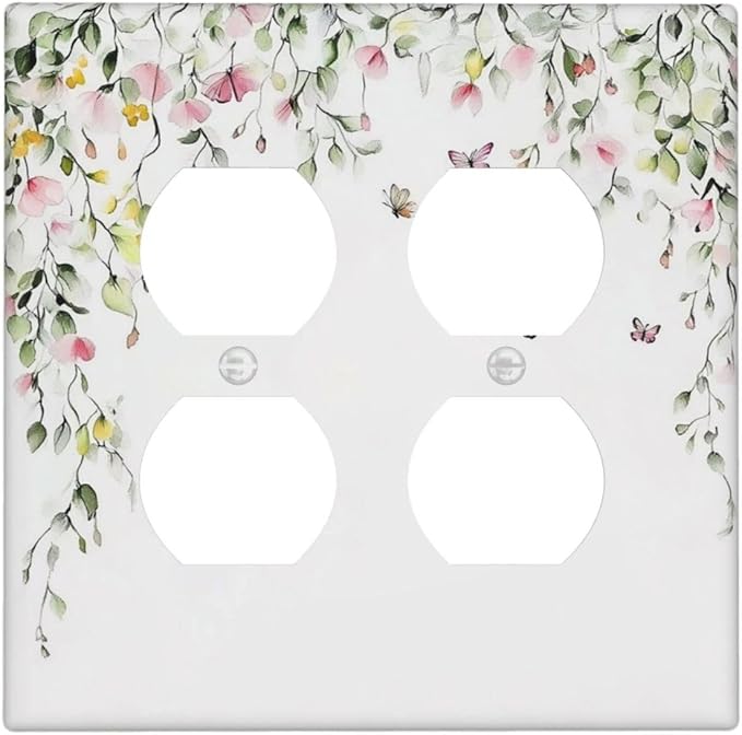 Watercolor Flowers Vine Colorful Butterfly Floral Outlet Covers 2 Gang Double Duplex Decorative Light Switch Covers Electrical Wallplates Socket Faceplate For Bed Room Living Room Decor