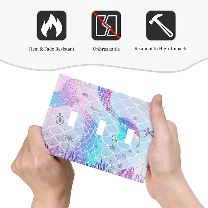Cute Cartoon Pink Blue Coral Mermaid Scales 3 Gang Outlet Light Switch Cover Face Plate, Purple Marine Anchor Starfish Seashell Mermaid Tail Triple Toggle Switch Wallplate for Girl Kids Bedroom Decor