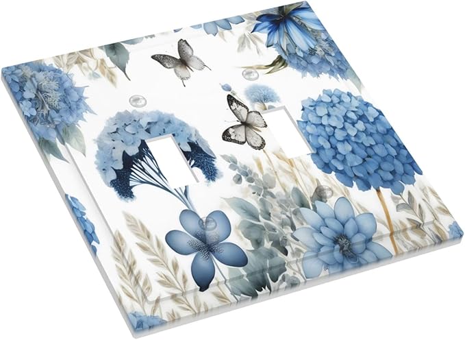 Blue Floral Hydrangea Floral Butterfly Flower Plant Decorative Switch Plates 2 Gang Double Toggle Outlet Light Switch Cover Wall Plate Electrical Faceplate for Bedroom Living Room Decor