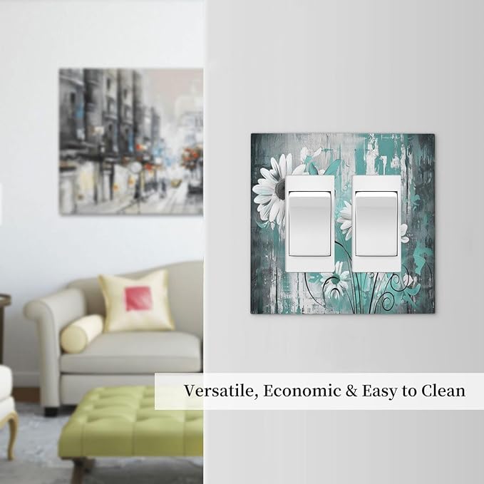 Decorative Outlet Covers Teal Daisy Floral Vintage Wood Plank 2 Gang Double Gfci Rocker Electrical Wall Panels Light Switch Cover Plate For Farmhouse Cabin Decor