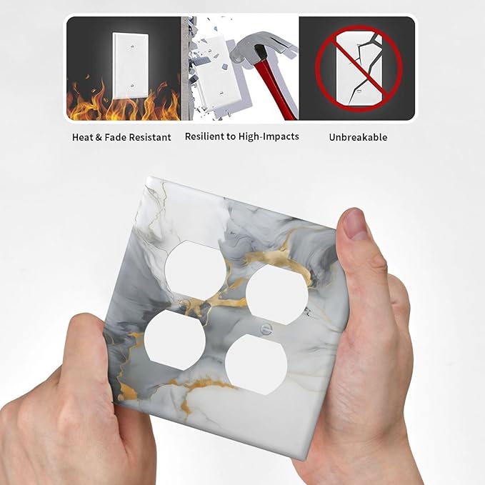 Gold Marble Grey Art Abstract Luxury Print Outlet Covers 2 Gang Double Duplex Decorative Light Switch Covers Electrical Wallplates Socket Faceplate for Kitchen Bathroom Decor