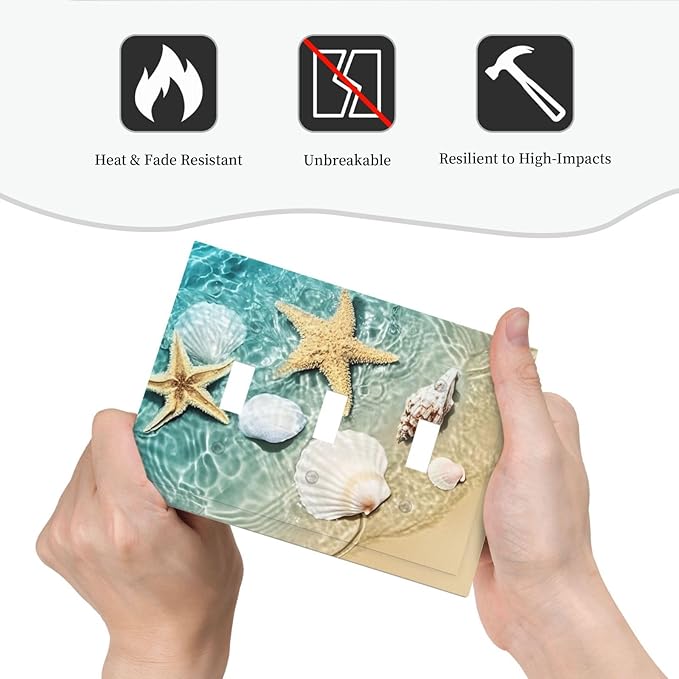 Decorative Switch Plates Beach Starfish Ocean Conch Cameo Shell 3 Gang Wall Plate Triple Toggle Light Switch Cover Faceplate Electrical Wall Panels For Decor Kids Room Decor