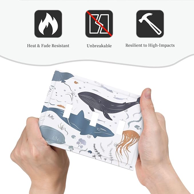 Kids Sea Animal Decorative 3 Gang Light Switch Covers Triple Toggle Wall Plate Decorative Switchplate Electrical Faceplate for Nursery Kidsroom Bedroom Decor