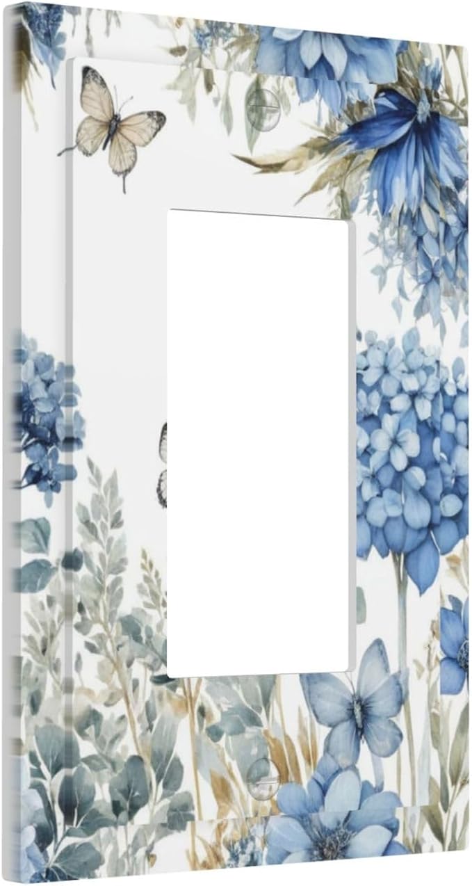Decorative Outlet Covers Boho Blue Flowers Rustic Beige Butterfly Leaves 1 Gang Single Decora GFCI Device Light Switch Covers Plate 1 Rocker Wall Plate Jumbo Switch Cover Plate