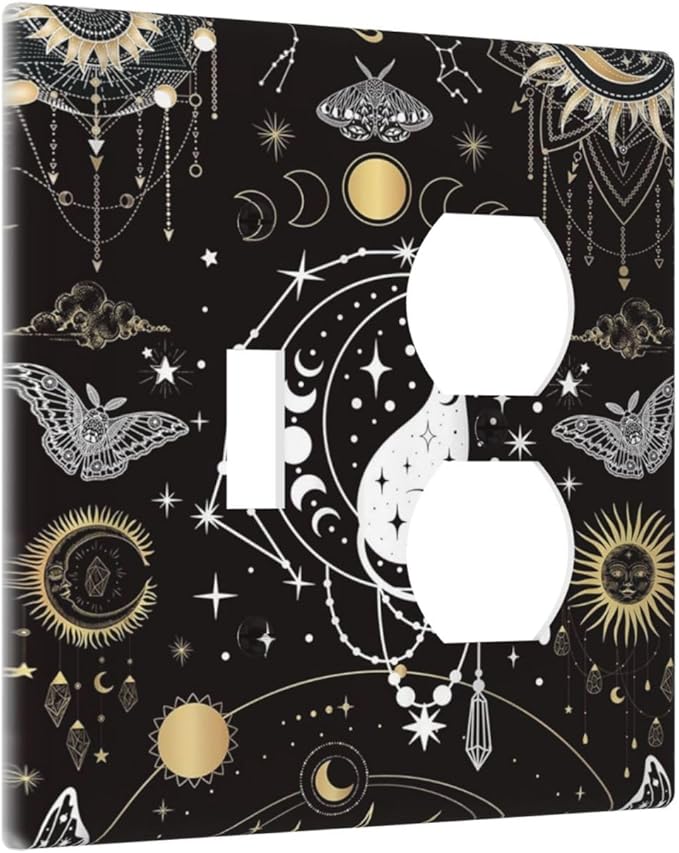 White Cat Tarot Moon Phases Moth Celestial Gothic Wallplates 1 Toggle 1 Duplex Switch Plate Electrical GFCI Faceplate Decorative Light Switch Covers for Kids Room Bedroom Decor
