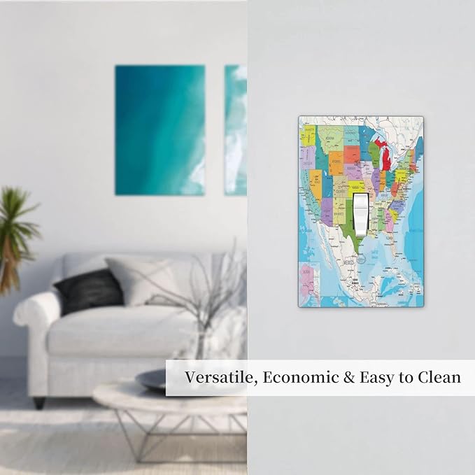 Educational Geography USA Cities Map White Earth Technology Colorful 1 Gang Light Switch Plate Decorative Single Toggle Wall Plate Cover Electrical Switchplate Faceplate Bathroom Bedroom Room Decorate
