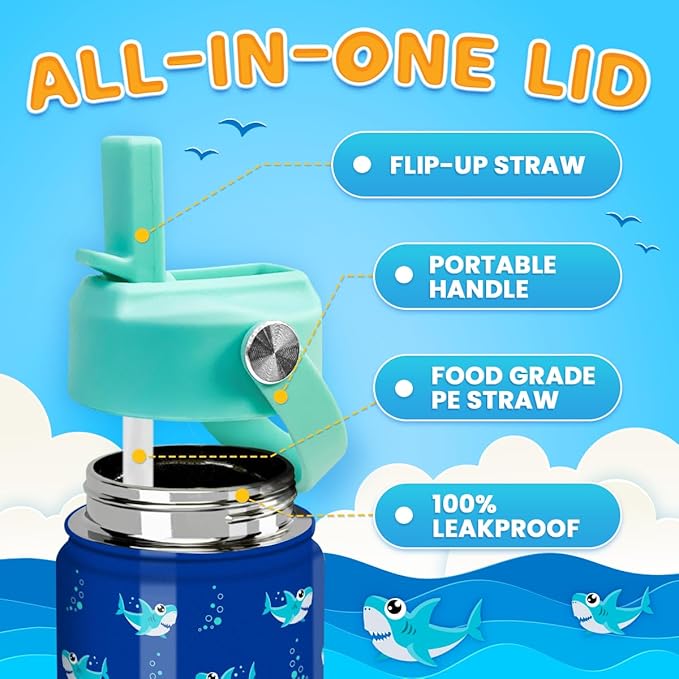 SANDJEST Shark Water Bottle - Kids Water Bottle with Straw Lid - 12 Oz Insulated Stainless Steel Water Bottles for Kid Boy- Travel Cup for School Sports