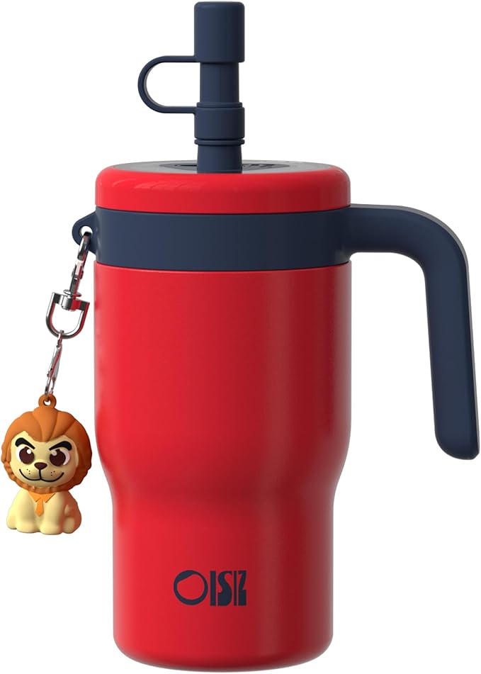 OISIZ 14oz Kids Tumbler with Straw Lid & Handle,Kids Cup with Animal Accessory for School,Kids Water Bottles with Dust-proof Cover,Leakproof Water Bottles,316 Stainless Steel,Keep Cold 24 Hours-red
