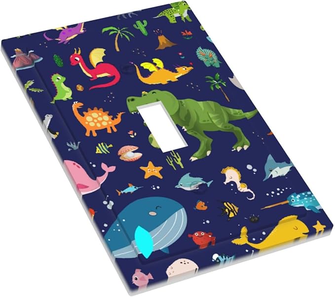 Cartoon Funny Cool Blue/Green Dinosaur Decorative Light Switch Cover 1-Gang Ocean Dolphin Safari Animal Boys Kids Single Toggle Wall Plate Electrical Device Outlet Switch Faceplate Cover Jumbo Size