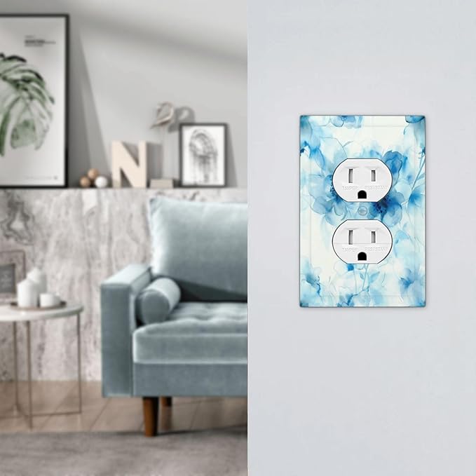 Watercolor Flower Blue White Large Floral Leaf Plants Outlet Covers 1 Gang Duplex Light Switch Cover Decorative Switch Plates Electrical Receptacle Faceplate Wall Plate for Bedroom Living Room Decor