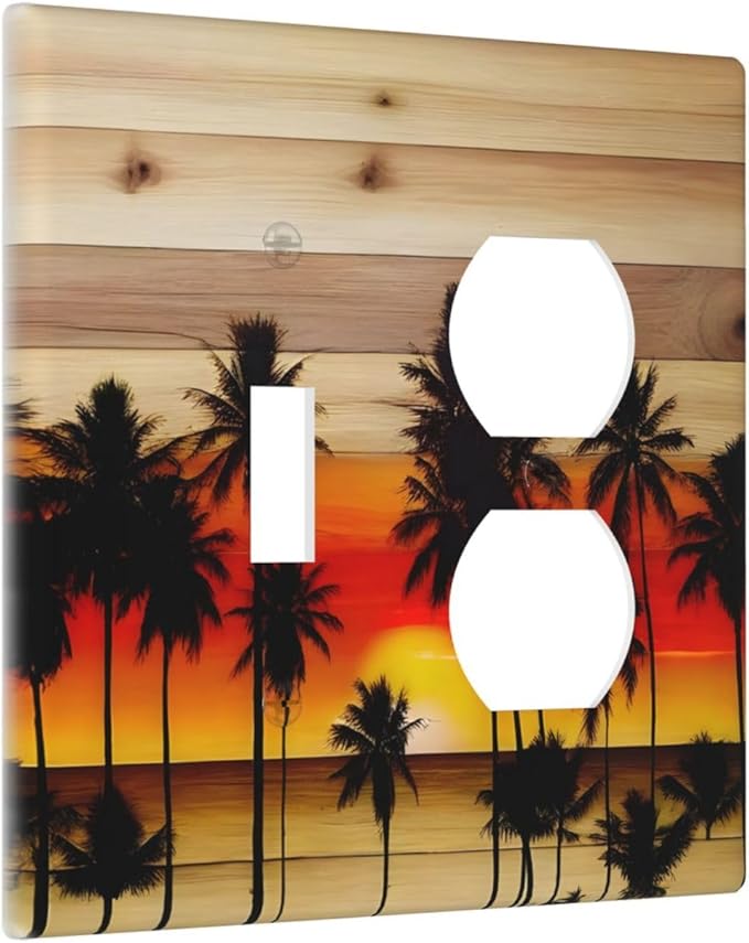 Sunset Beach Coconut Palm Tree Wooden Background Wallplates 1 Toggle 1 Duplex Switch Plate Electrical GFCI Faceplate Decorative Light Switch Covers for Bedroom Living Room Decor