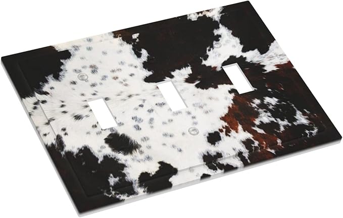 Western Black White Brown Cow Decorative 3 Gang Triple Toggle Light Switch Cover Highland Cowhide Wild Animal Fur Skin Spots Cheetah Leopard Print Wall Plate Electrical Three Device Switch Face Plate
