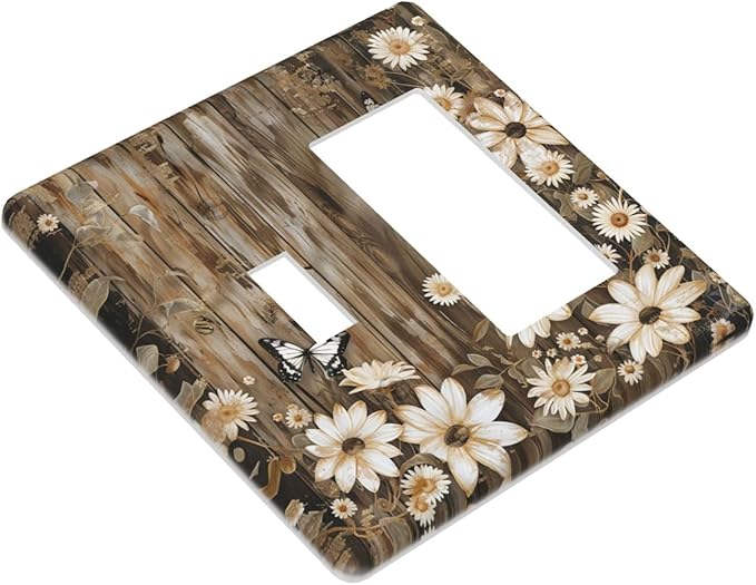 Light Switch Cover Plate Rustic Wood Butterflies Flowers Botanical 2 Gang Combo Wall Plates Toggle Rocker Decorative Switch Plates and Outlet Covers for Farmhouse Cabin Decor