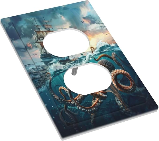 Decorative Outlet Covers Sailboat Ship Octopus Ocean Sea Waves 1 Gang Duplex Light Switch Cover Plate Electrical Switch plates Wall Plates Receptacle Covers for Bathroom Bedroom Decor