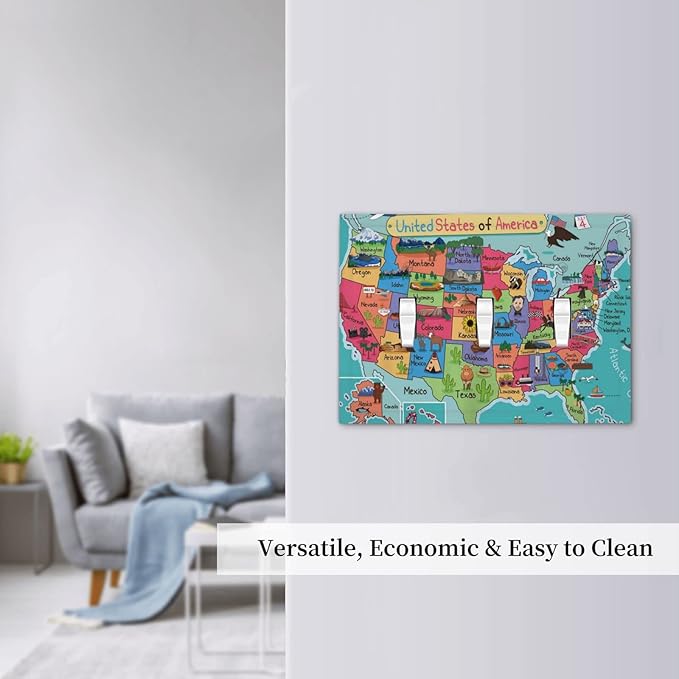 American Map 3 Gang Light Switch Cover Decorative Triple Toggle Wall Plate Electrical Switchplate Standard Size Faceplate Cartoon Animal Educational Geography Rustic Barn Bathroom Bedroom Home Decor