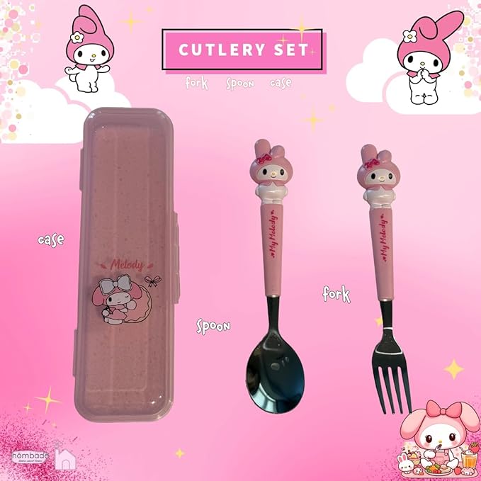 Stainless Steel Cutlery Tableware Flatware Silverware 3 Piece Set Portable Reusable Travel Cute Kawaii Anime Cartoon Dog Bunny for Boys and Girls (Pink Melody)