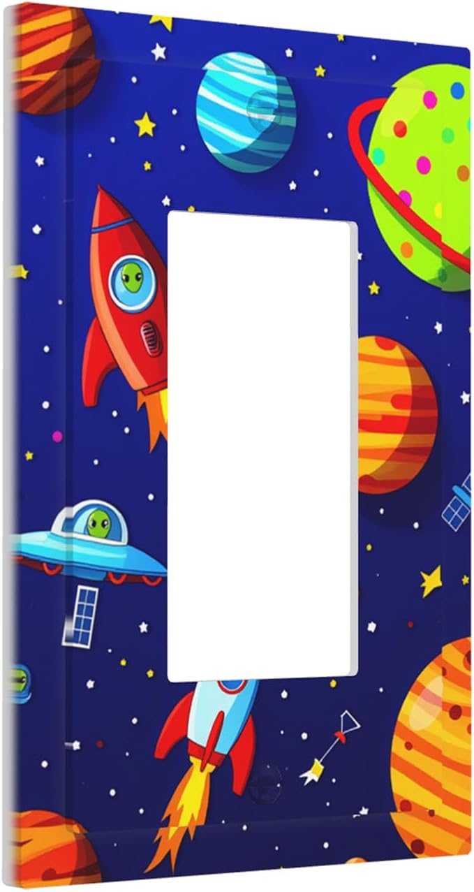 Planets, Rockets & Aliens Single Rocker Switch Cover - 1-Gang Standard US Size Astronaut Cosmic Adventure Light Switch Covers for Boy's Bedroom Decor