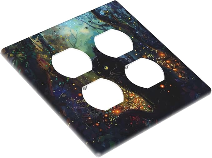 Decorative Outlet Covers Magic Fantasy Forest Mysterious Black Cat 2 Gang Decorative Switch Plate Double Duplex Wall Plates Switch Plates and Outlet Covers for Kid Room Bathroom Decor