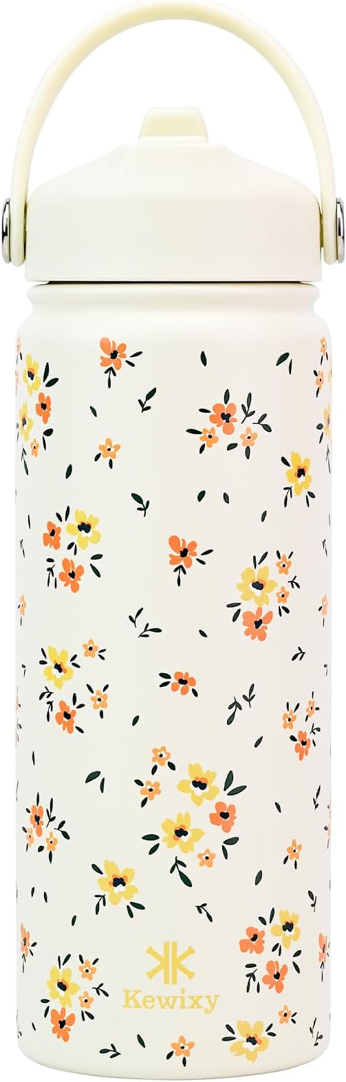 KEWIXY 18 oz Water Bottle with Straw, Leak Proof, Insulated Stainless Steel with Handle, Reusable, Metal, Backpack-side Fit (Floral Ivory)