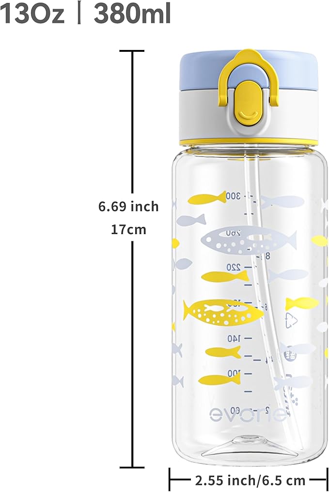 Evorie Tritan Kids Water Bottle with Straw, 13oz BPA-Free Leak Proof Drinking Bottle for School & Travel, Clear Water Bottle with Carry Strap, Dishwasher Safe, for Kids Ages 3+ (Ocean Blue)