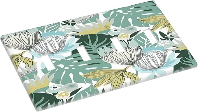 Retro Tropical Leaves 4 Gang Wall Plate Quad Toggle Light Switch Cover Decorative Outlet Covers Electrical Light Switches Faceplate for Bedroom Bathroom Kitchen Decor