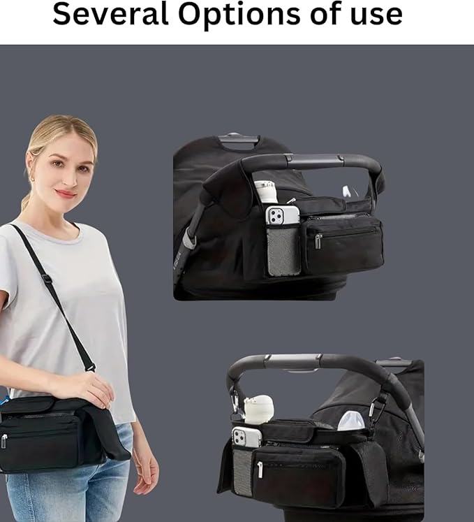 Universal Stroller Organizer with Insulated Cup Holder Detachable Phone Bag and Carry Strap Fits Uppababy, Baby Jogger, Britax, BOB, Umbrella and Pet Stroller and more (Black)