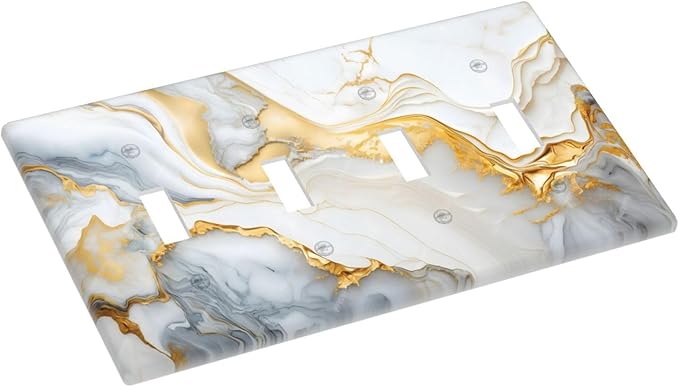 Exquisite White Gold Marble Abstract Luxurious Print Light Switch Covers Quad Toggle Electrical Faceplate 4 Gang Wall Plate Decorative Switch Plates Cover for Bathroom Kitchen Decor