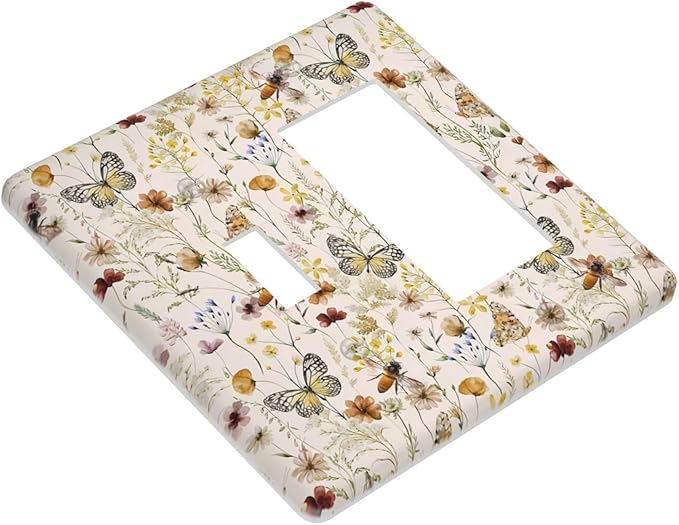 Vintage Butterflies 2 Gang Toggle Rocker Light Switch Cover Decorative Colorful Wildflower Combin Wall Plates Cute Bees Art Panel Beige Flower Leaves Dimmer Decor for Bedroom Kidroom