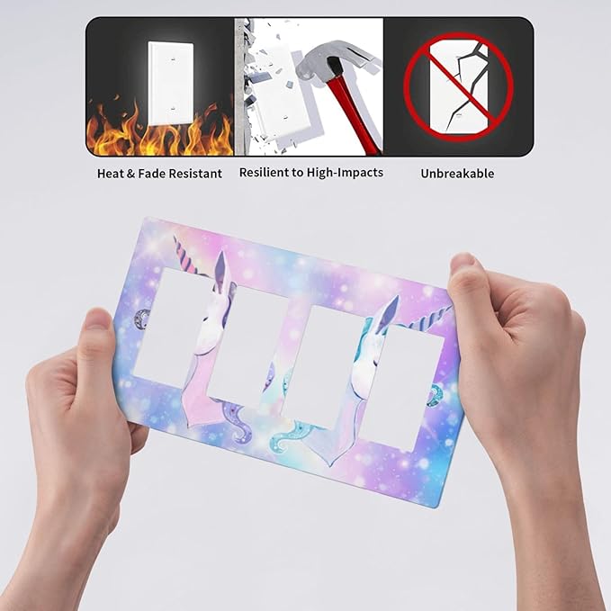 Girl Purple Pink Rainbow Blue Unicorn 4 Gang Quad Rocker Light Switch Cover Decorative Quadruple Device GFCI/Decorator Wall Plate Electric Faceplate Screwless