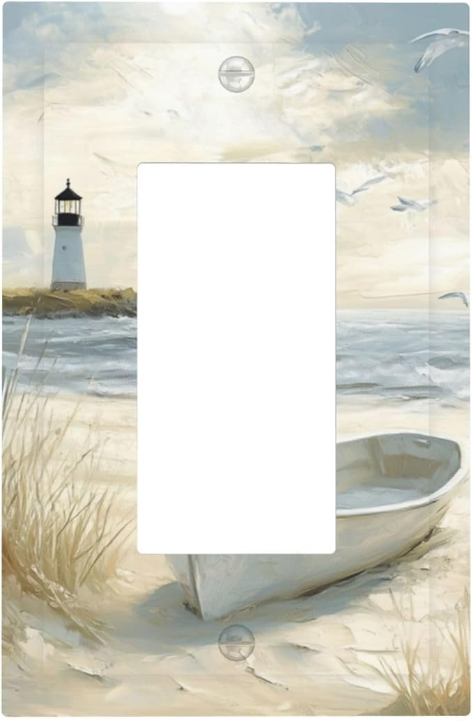 Sea Beach Single Light Switch Cover Plate Old Ship Reed Lighthouse Seascape 1 Gang Rocker Outlet Covers Switchplate Decorative Electrical GFCI Wallplate for Bedroom Kitchen Living Room Decor
