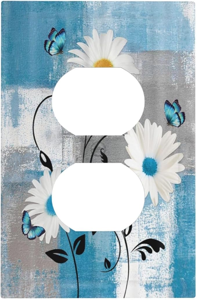 Rustic Daisy Teal Blue Floral Vintage Plant Single Duplex Wall Plate Covers Light Switch Cover 1 Gang Outlet Plate Decorative Switchplate Covers Electrical Faceplate for Farmhouse Bedroom Decor