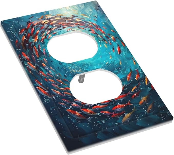 Ocean Fish School Of Fish Vortex Deep Sea Outlet Covers 1 Gang Duplex Light Switch Cover Decorative Switch Plates Electrical Receptacle Faceplate Wall Plate for Kids Room Bedroom Decor