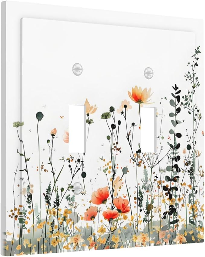Vintage Country Style Watercolor Leaves Wildflowers Floral Decorative Switch Plates 2 Gang Double Toggle Outlet Light Switch Cover Wall Plate Electrical Faceplate for Bedroom Living Room Decor