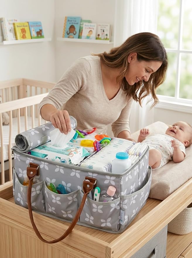 Moteph Diaper Caddy with Changing Mat, Large Baby Diaper Caddy Organizer with Lid, Portable Organizer Basket for Baby Essentials, Roll-Up Lid, Built-In Changing Mat Pocket