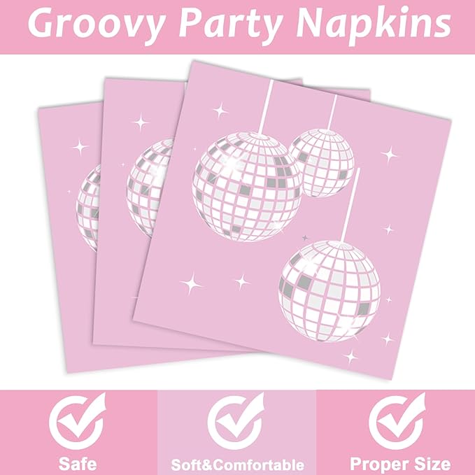 96PCS Pink Silver Disco Party Plates Napkins Disco Birthday Decoration 70s Theme Disposable Paper Cake Tableware Serve 24 Guests Women Girls Baby Shower Bachelorette Wedding Birthday Party Favor