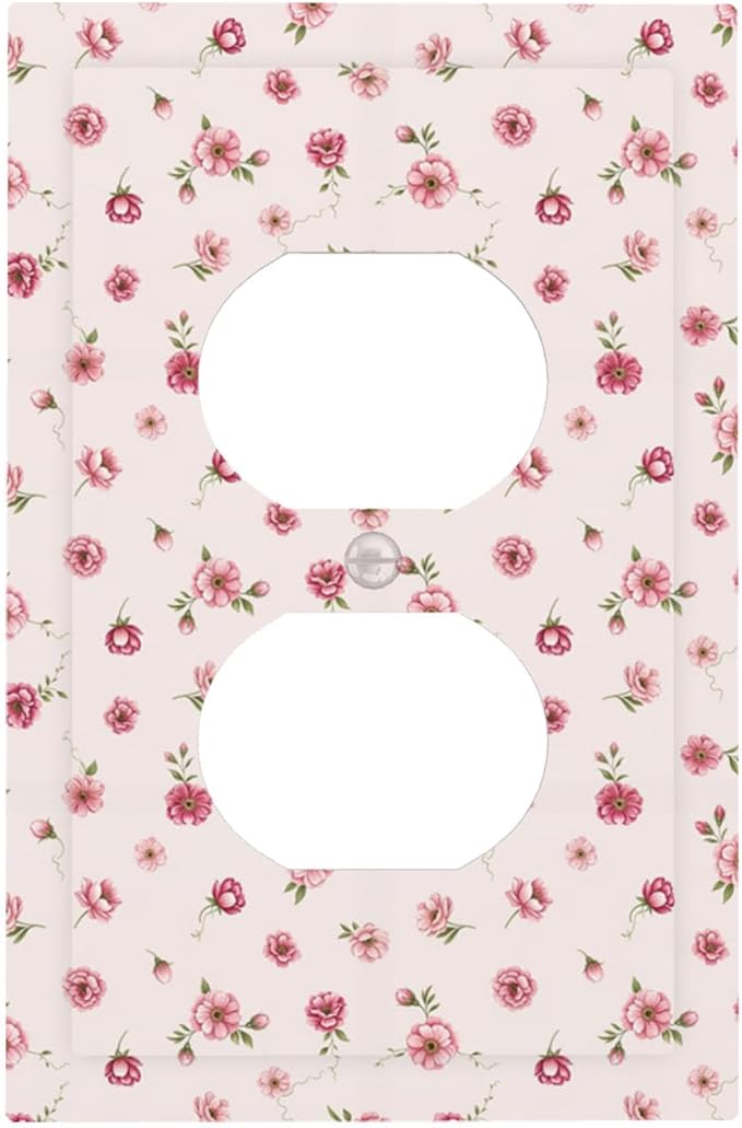 Pink Ditsy Floral Duplex Wall Plate - 1-Gang Standard US Size French Country Petite Floral Outlet Covers, Vintage Shabby Chic for Girls Room