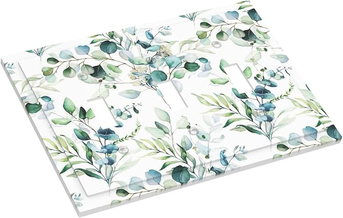 Watercolor Spring Olive Leaves Triple Toggle Device Switch Wall Plate 3-Gang Light Switch Cover Green Eucalyptus Sage Ivy Leaf Botanical Bontay Decorative Decorator Wallplate Switchplate Room Decorate