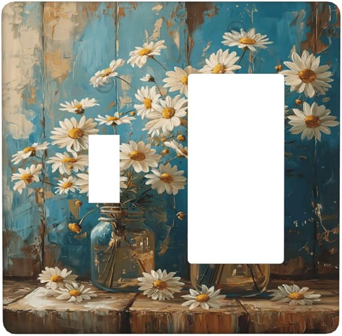 Delicate White Daisy Jars Retro Wood Background Outlet Covers 1 Toggle 1 Rocker Combination Decorative Wall Plate Electrical Switch Plates Light Switch Cover Plate for Farmhouse Home Decor