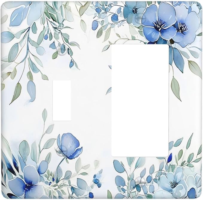 Watercolor Blue Flower Plant Floral Green Leaves Outlet Covers 1 Toggle 1 Rocker Combination Decorative Wall Plate Electrical Switch Plates Light Switch Cover Plate for Bedroom Living Room Decor