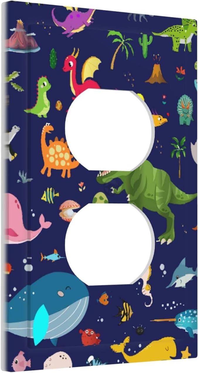 Cartoon Cool Blue/Green Dinosaur 1 Gang Duplex Wall Plate Receptacle Outlet Covers Ocean Dolphin Animal Boys Kids Girls Decorative Electrical Dual Device Light Switch Plug Socket Faceplate Cover