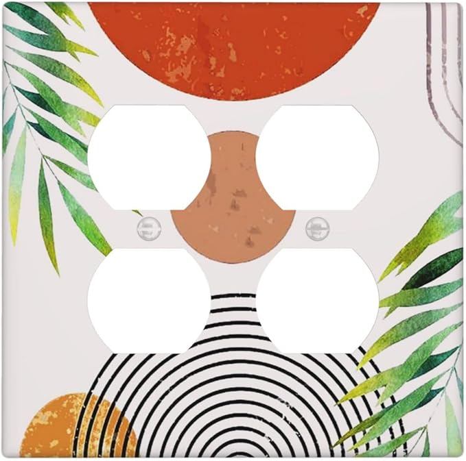 Red/Orange Boho Sun Sunset Abstract Art 2-Gang Device Duplex Wall Plate, Mid Century Bohemian Arch Olive Leaf Decorative Two Gang Double Duplex Receptacle Socket Outlet and Light Switch Cover Plate