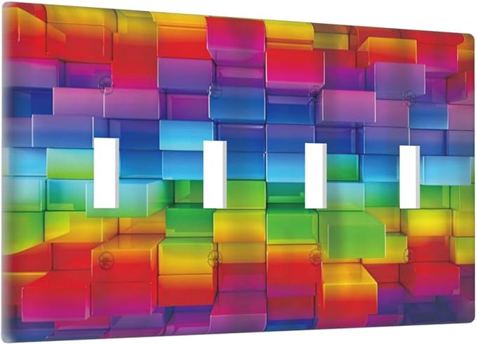 3D Colorful Rainbow Wall Abstract Squre Shaped Quad Toggle Light Switch Covers Decorative Unique 4 Gang Wall Plate Electrical Faceplate Switchplate for Kitchen Bedroom Bathroom Decor